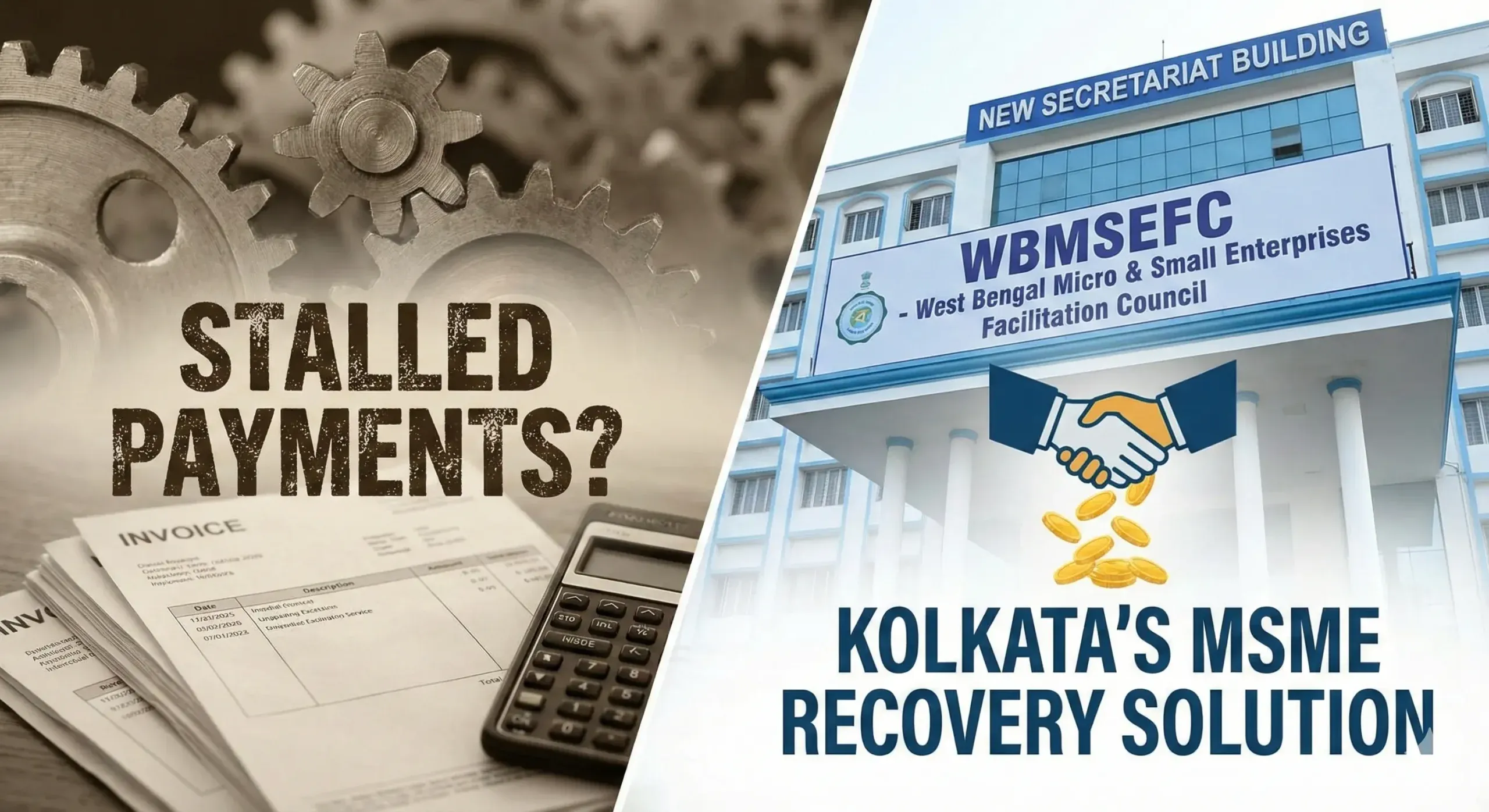 WBMSEFC Kolkata office building and invoices illustrating the solution for MSME stalled payments and debt recovery.