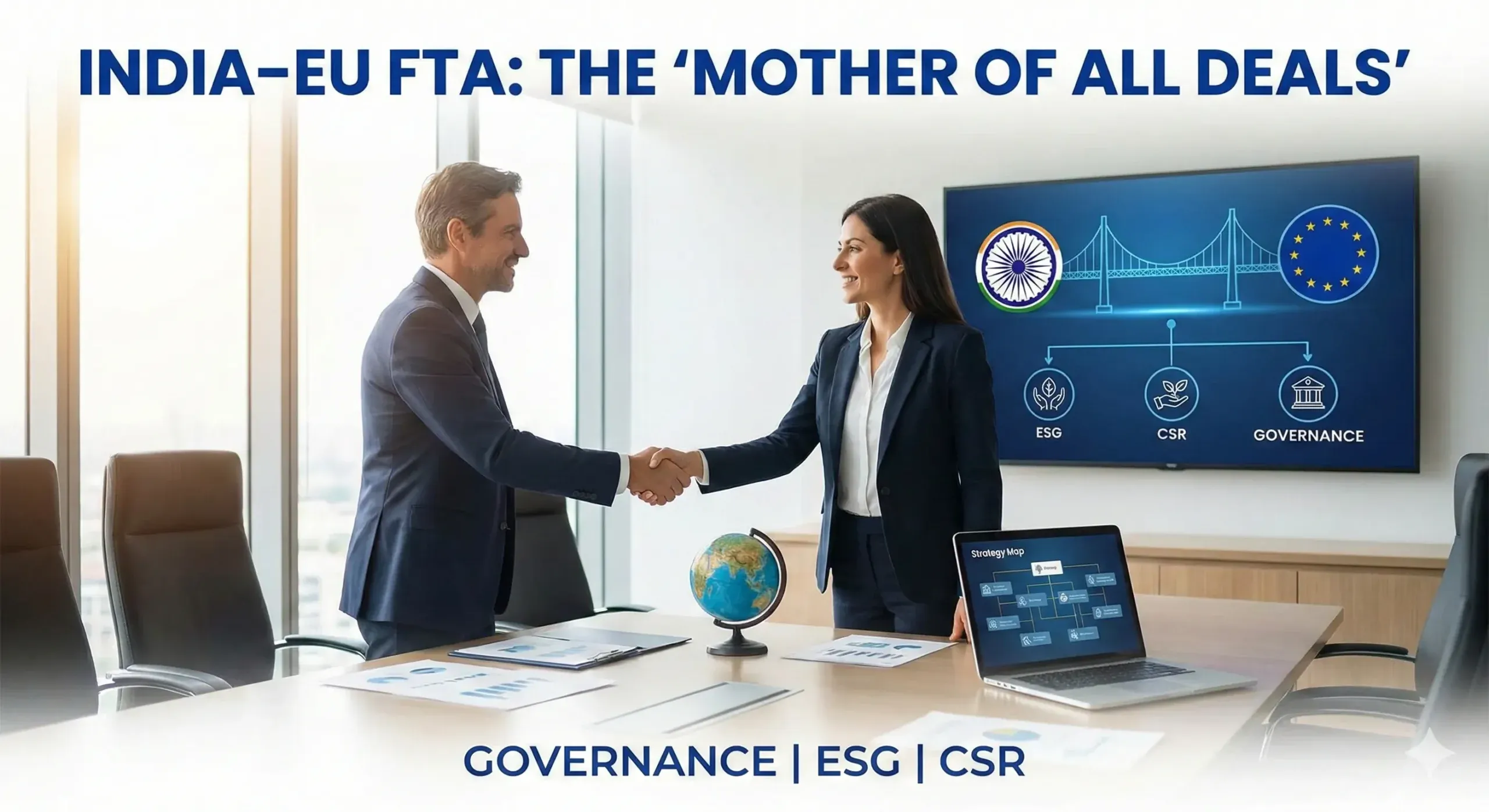 Corporate leaders shaking hands under India and EU flags, symbolizing the India-EU FTA governance agreement with ESG and CSR icons on a digital screen.