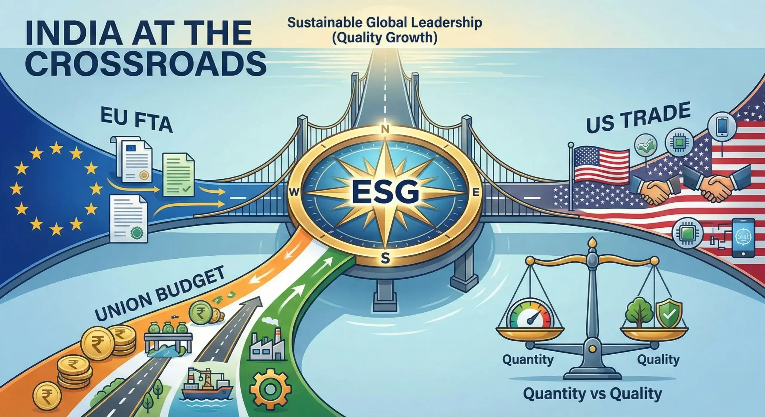 Illustration showing ESG in India Trade as a central compass connecting the EU FTA, US Trade relations, and the Union Budget, balancing the quantity versus quality of growth.
