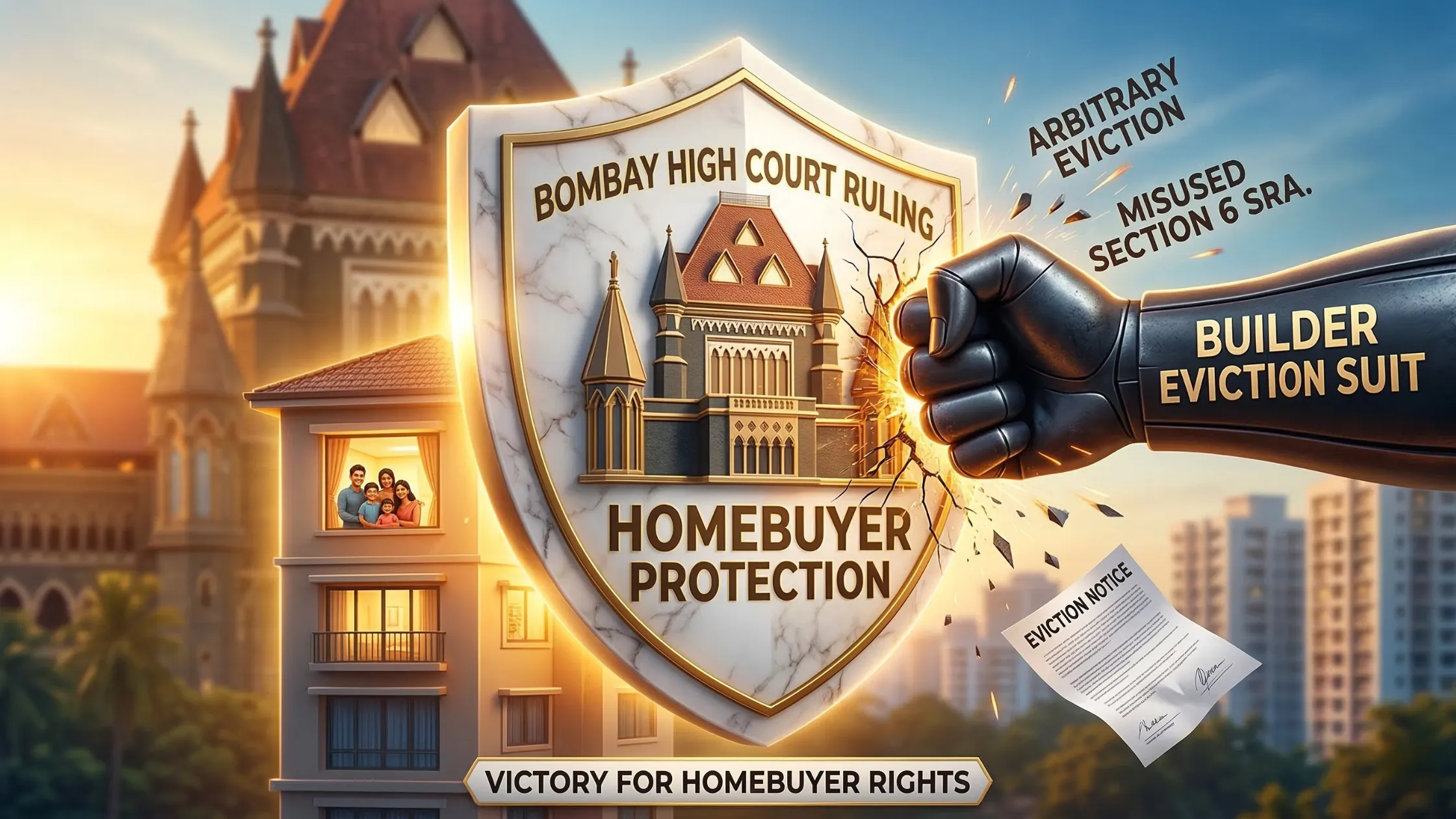 A highly symbolic illustration shows a massive, ornate marble and gold shield, cracked from impact, bearing the text "BOMBAY HIGH COURT RULING" and "HOMEBUYER PROTECTION," with a depiction of the Bombay High Court building within. A giant armored fist, la