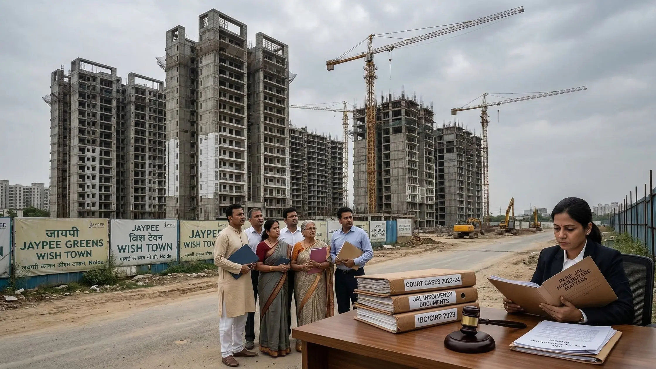 An editorial illustration of the Jaypee homebuyer crisis showing a lawyer reviewing insolvency documents at a desk in the foreground, while a group of concerned Indian homebuyers look toward stalled, unfinished high-rise buildings and idle cranes in the b