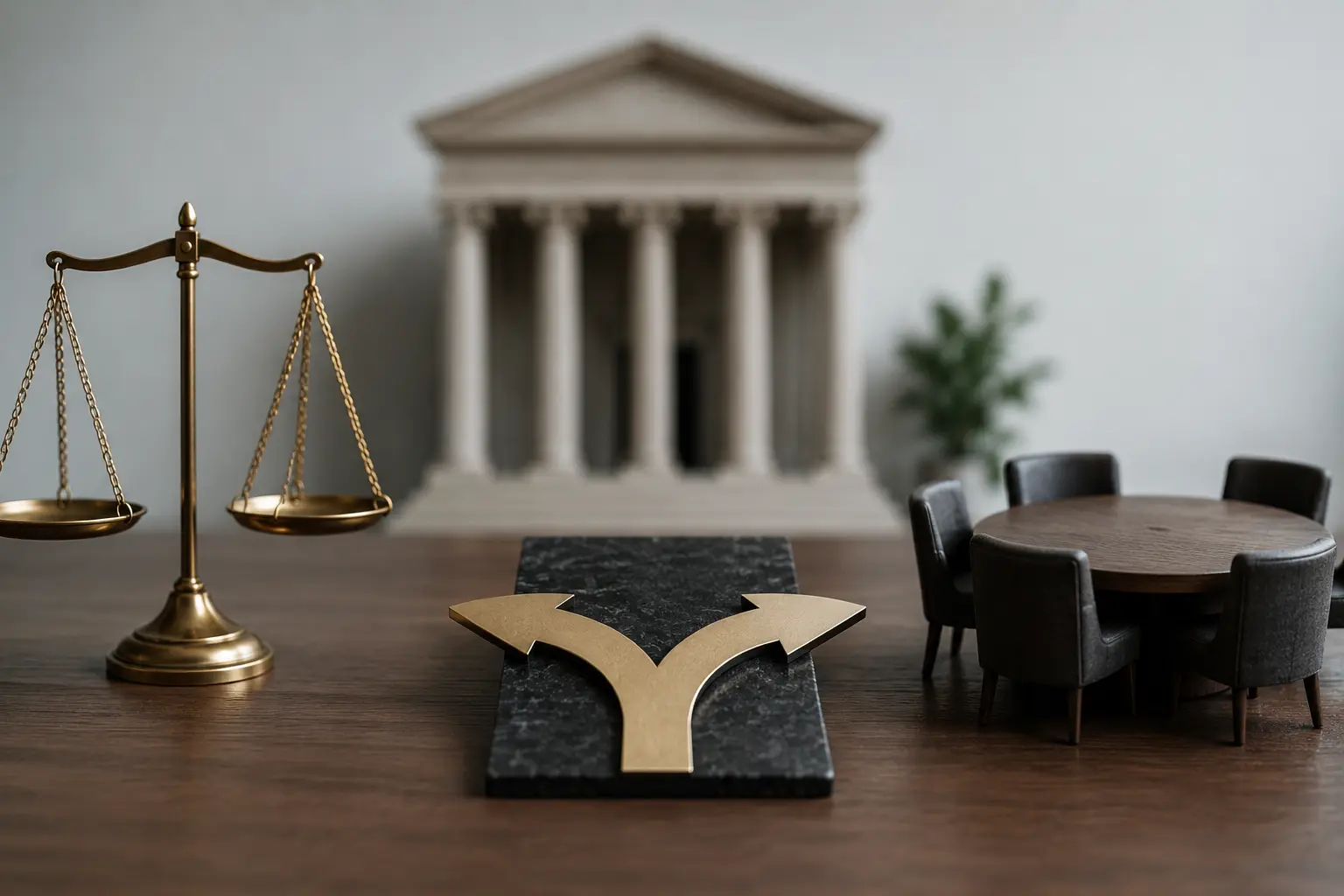 Minimalist illustration of two diverging paths symbolizing business dispute resolution options in India — one path leading to a courthouse column representing litigation, the other to a round table representing arbitration
